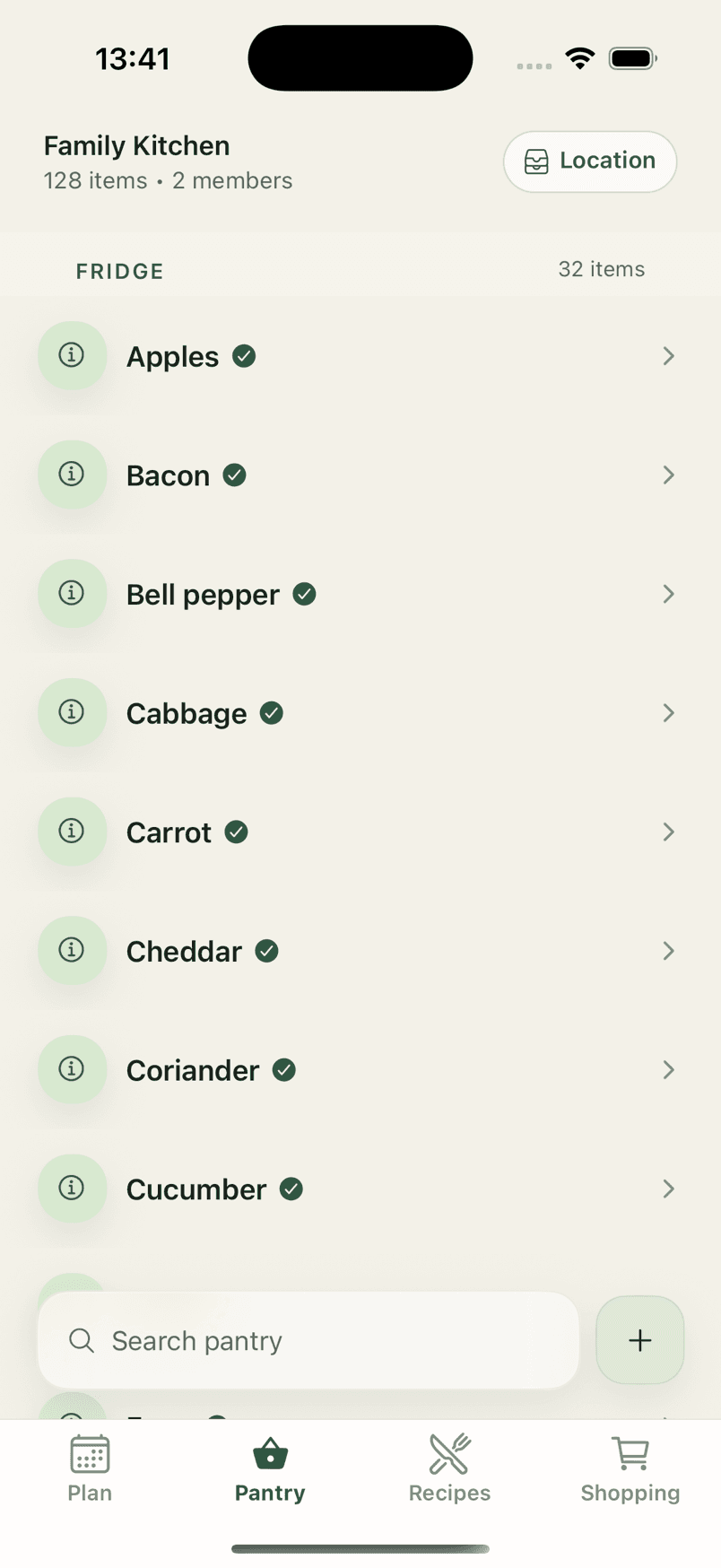 The Pantry tab for a household called Family Kitchen, showing 128 items across two members, grouped by storage location.