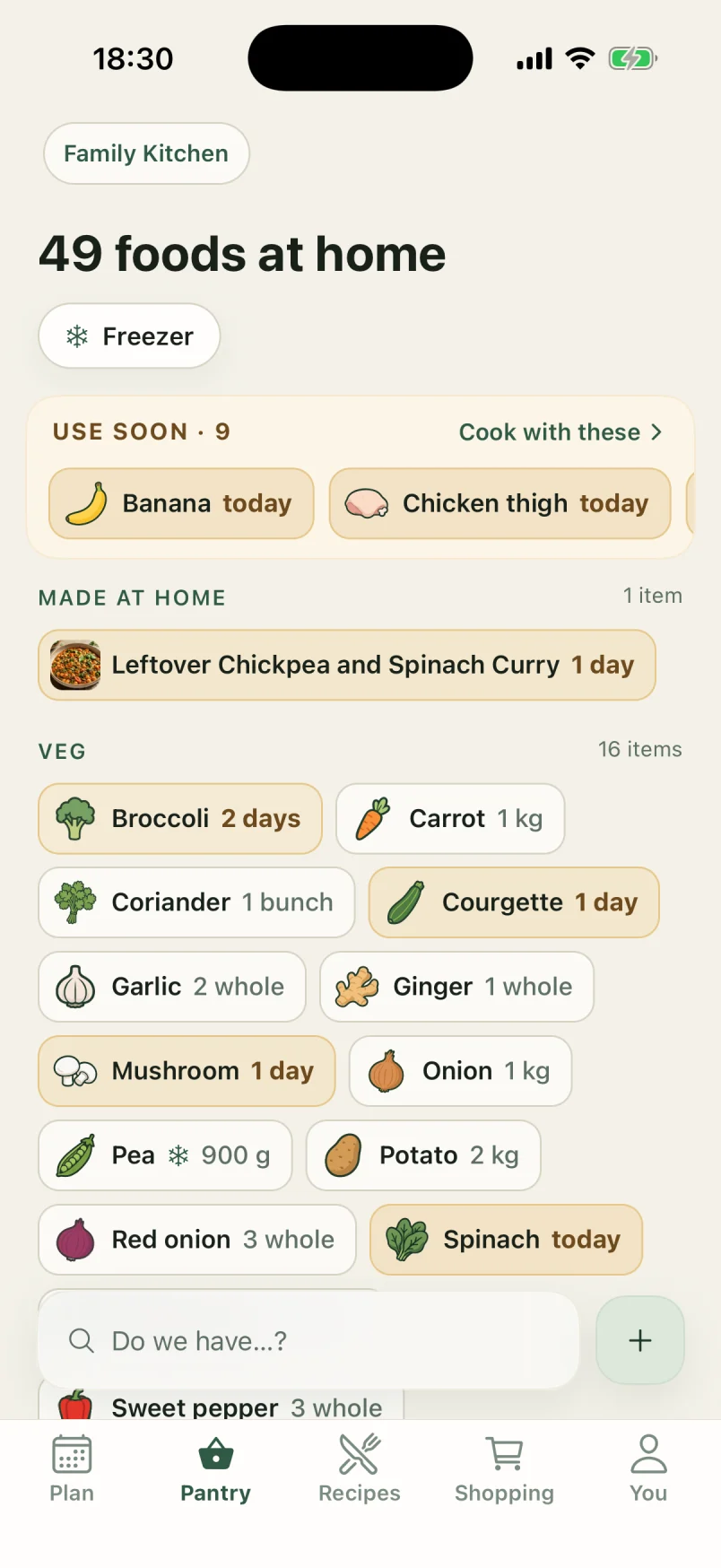The Pantry wall: 49 foods at home, each a drawing with its name. A Use soon shelf at the top holds banana and chicken thigh, both today, and the leftover curry is under Made at home.