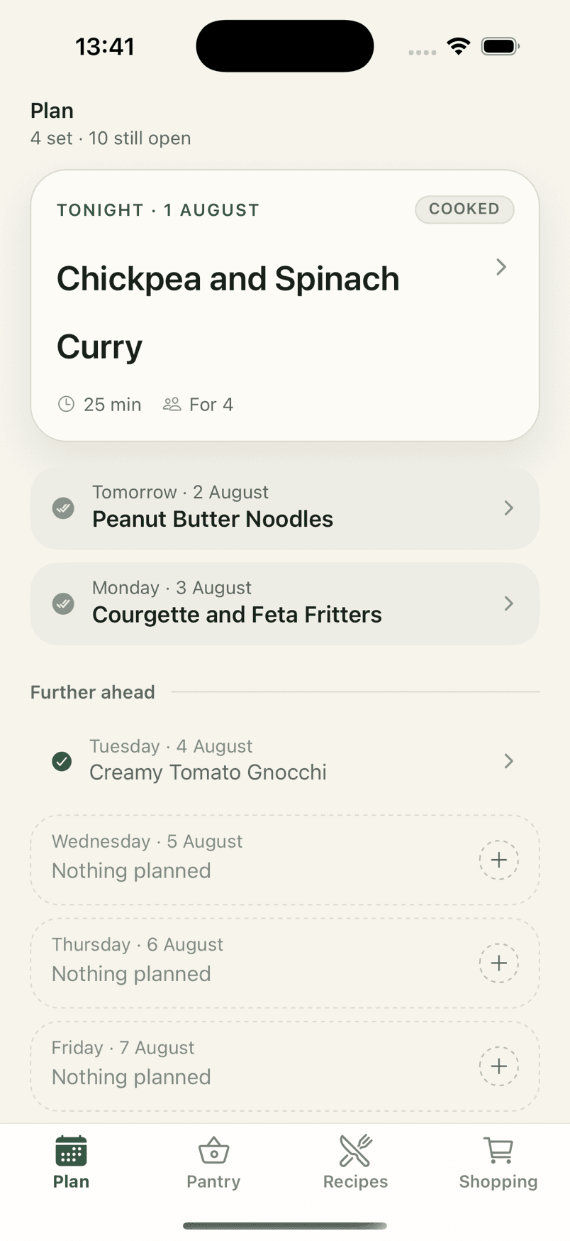 The Plan tab: tonight is Chickpea and Spinach Curry, with the next few nights planned and later days still open.