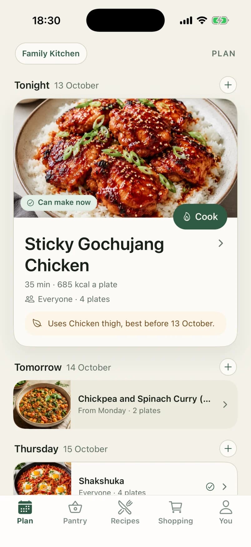 The Plan tab: tonight is Sticky Gochujang Chicken, marked Can make now, with a note that it uses the chicken thighs before they go. Tomorrow is Monday’s curry as leftovers, then Shakshuka on Thursday.