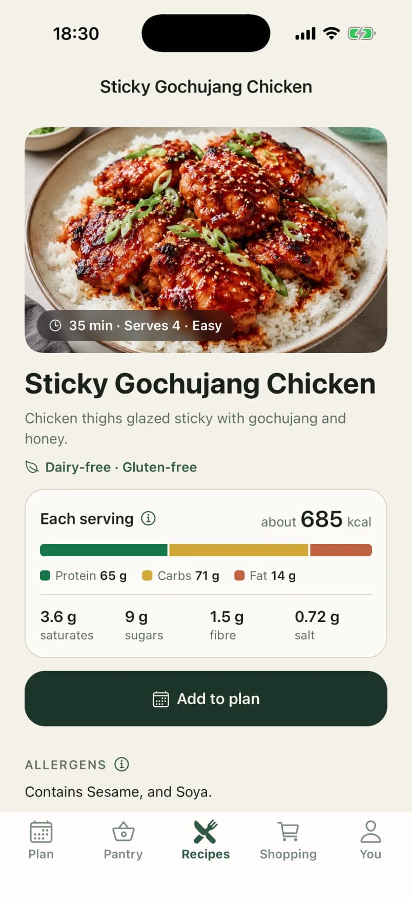 A recipe page for Sticky Gochujang Chicken: its picture, 35 minutes, serves 4, dairy-free and gluten-free, about 685 kcal a serving with protein, carbs and fat, an Add to plan button and its allergens.
