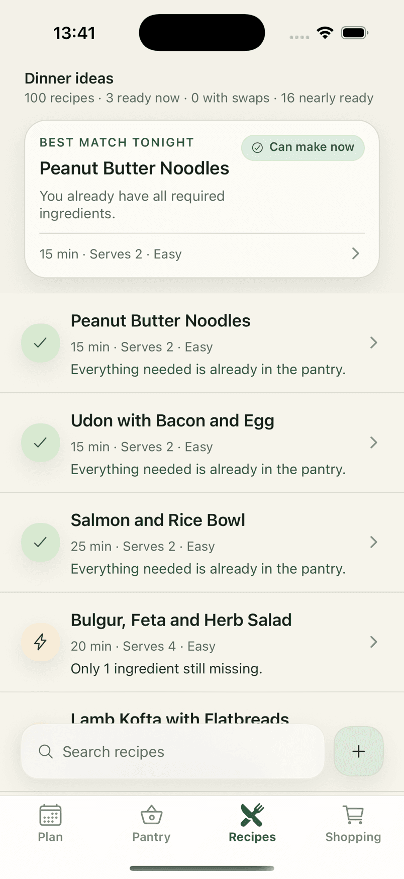 The Recipes tab: 100 recipes with 3 ready now and 16 nearly ready, each labelled with what the pantry covers.