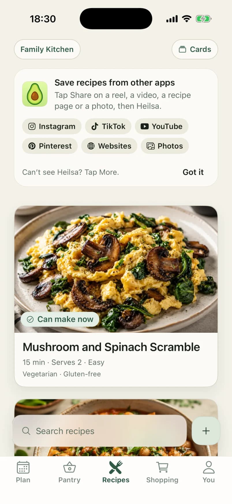The Recipes tab: a card explaining how to save recipes from Instagram, TikTok, YouTube, Pinterest, websites and photos, above a recipe card for Mushroom and Spinach Scramble marked Can make now.
