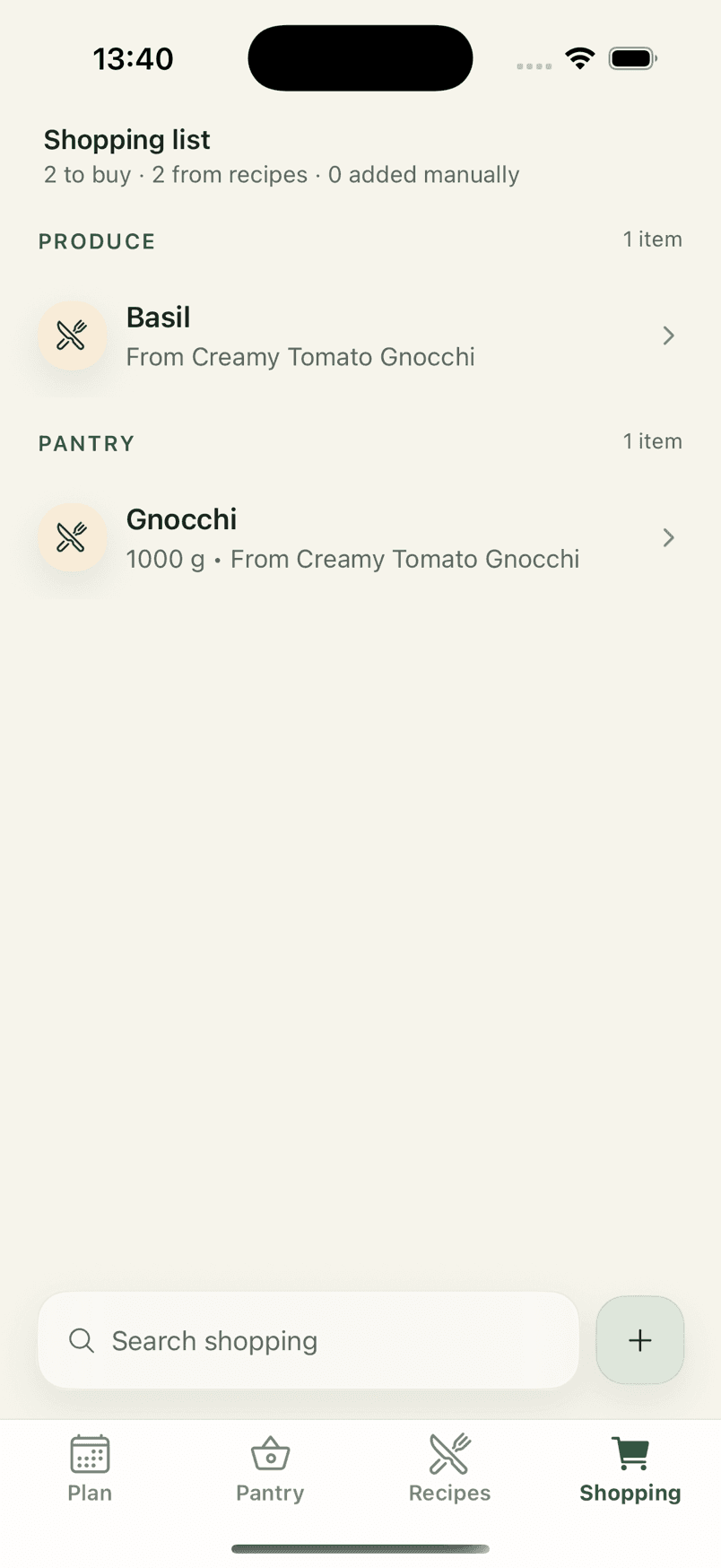 The Shopping tab: basil and gnocchi to buy, both labelled as coming from the Creamy Tomato Gnocchi recipe.