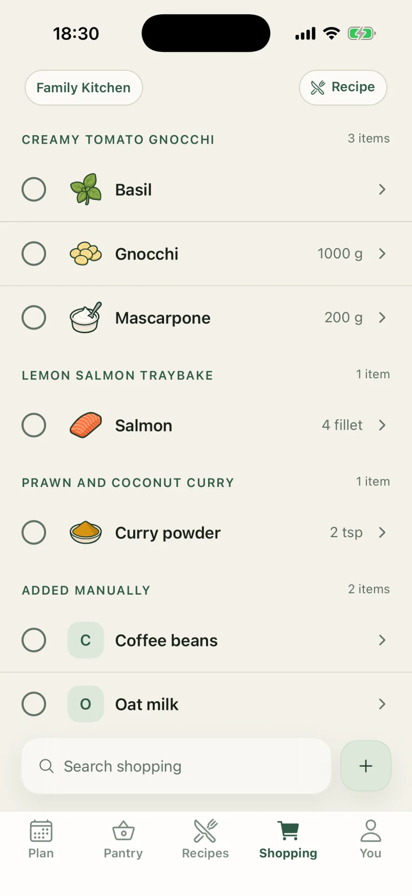 The Shopping tab grouped by recipe: basil, gnocchi and mascarpone for Creamy Tomato Gnocchi, salmon for the Lemon Salmon Traybake, curry powder for the prawn curry, and two items added by hand.