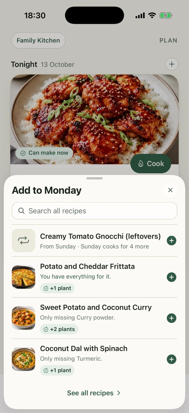 The sheet for adding a dinner to Monday: leftovers from Sunday first, then Potato and Cheddar Frittata (you have everything for it) and two curries each missing one spice.